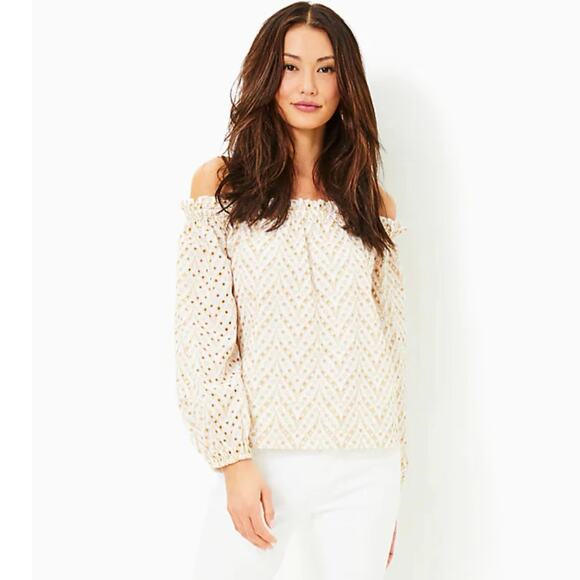 Lilly Pulitzer Aimes Off The Shoulder Metallic Eyelet Gold White Sand Bar Blouse - Picture 1 of 12